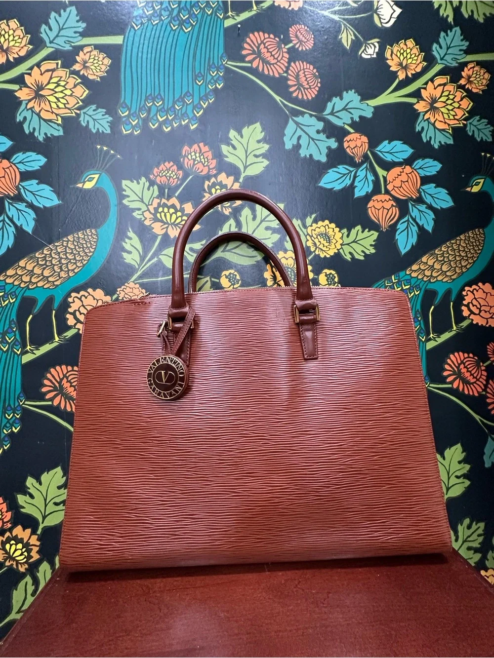 Valentino Garavani Chestnut Brown Textured Leather Laptop Tote